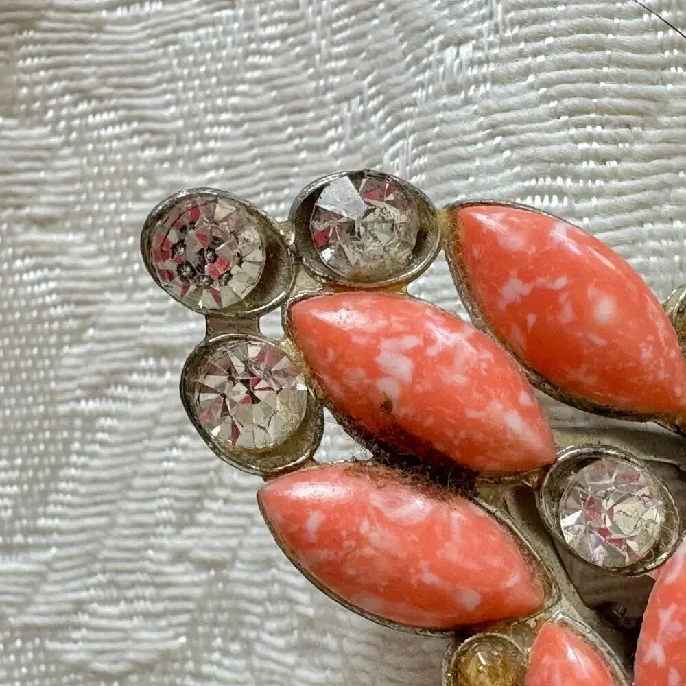 Vintage AJ Signed Rhinestone Coral Glass Dress Clip Brooch Marbled Stones